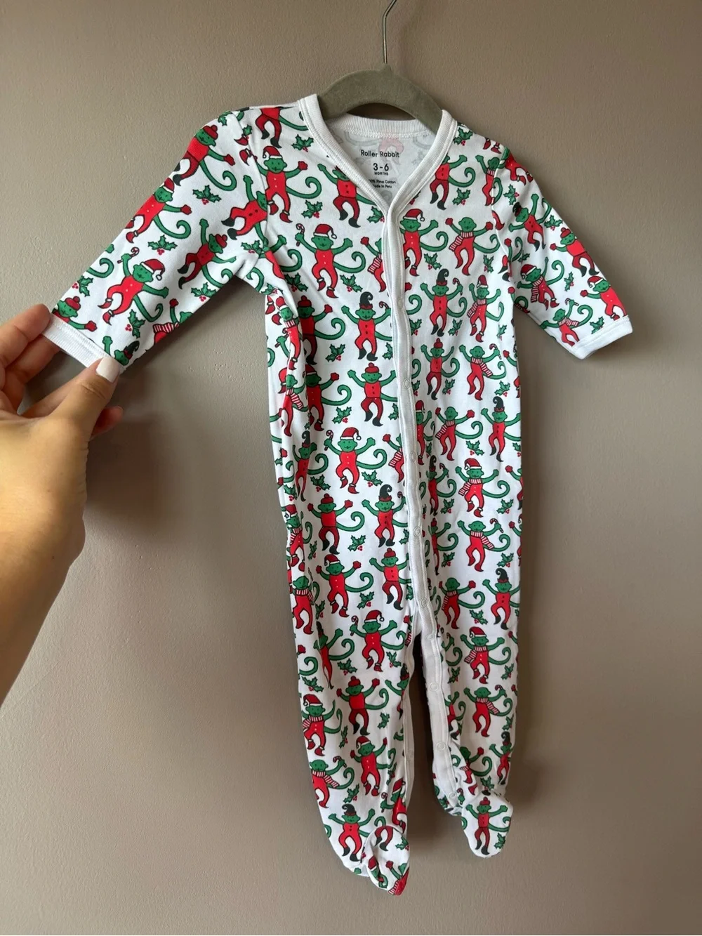 Roller Rabbit Baby Monkey Christmas Holiday Print One Piece Pajamas 3-6 Months